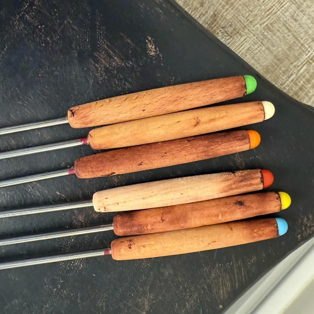 Set of 6 Color-Coded Fondue Forks with Wooden Handles
